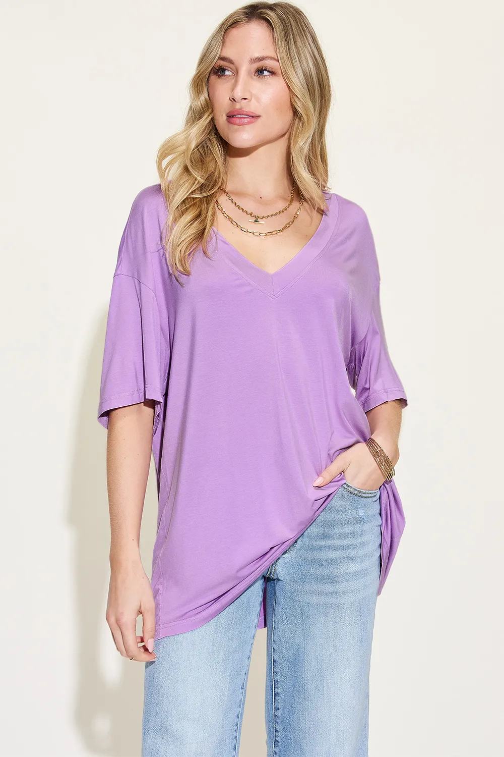 Full Size Bamboo V-Neck Drop Shoulder T-Shirt, image 17