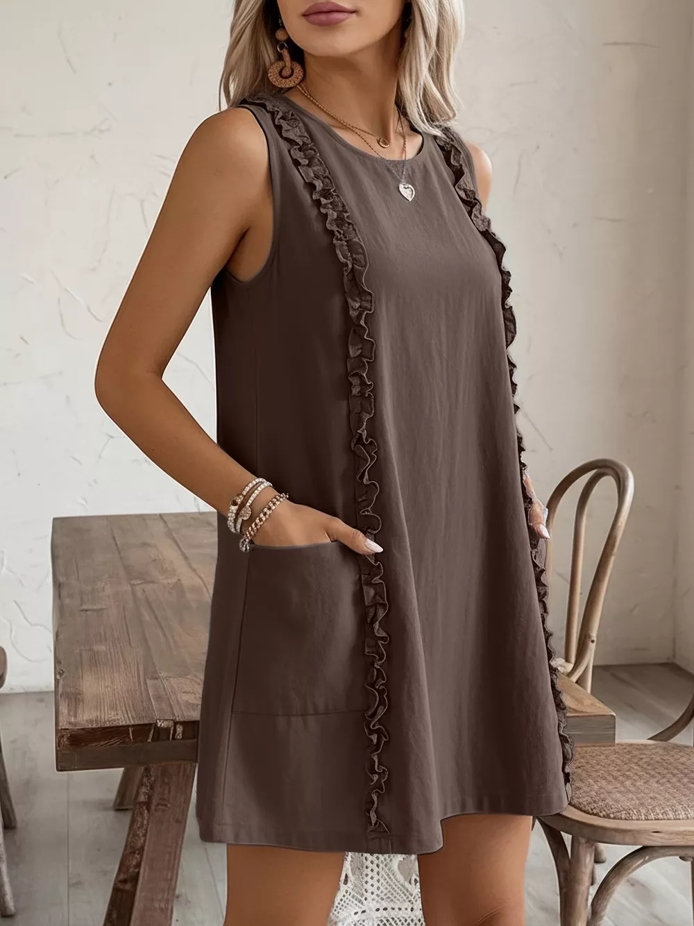 Frill Sleeveless Round Neck Dress, image 15