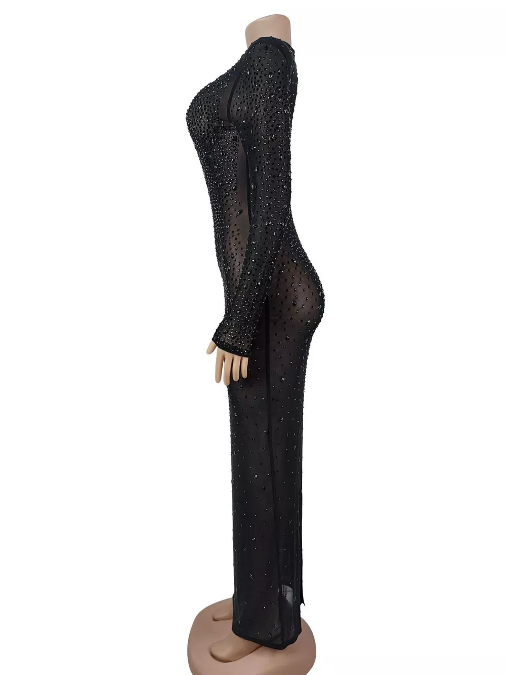 Sheer Mesh Rhinestone Embellished Long Sleeve Evening Dress, image 5