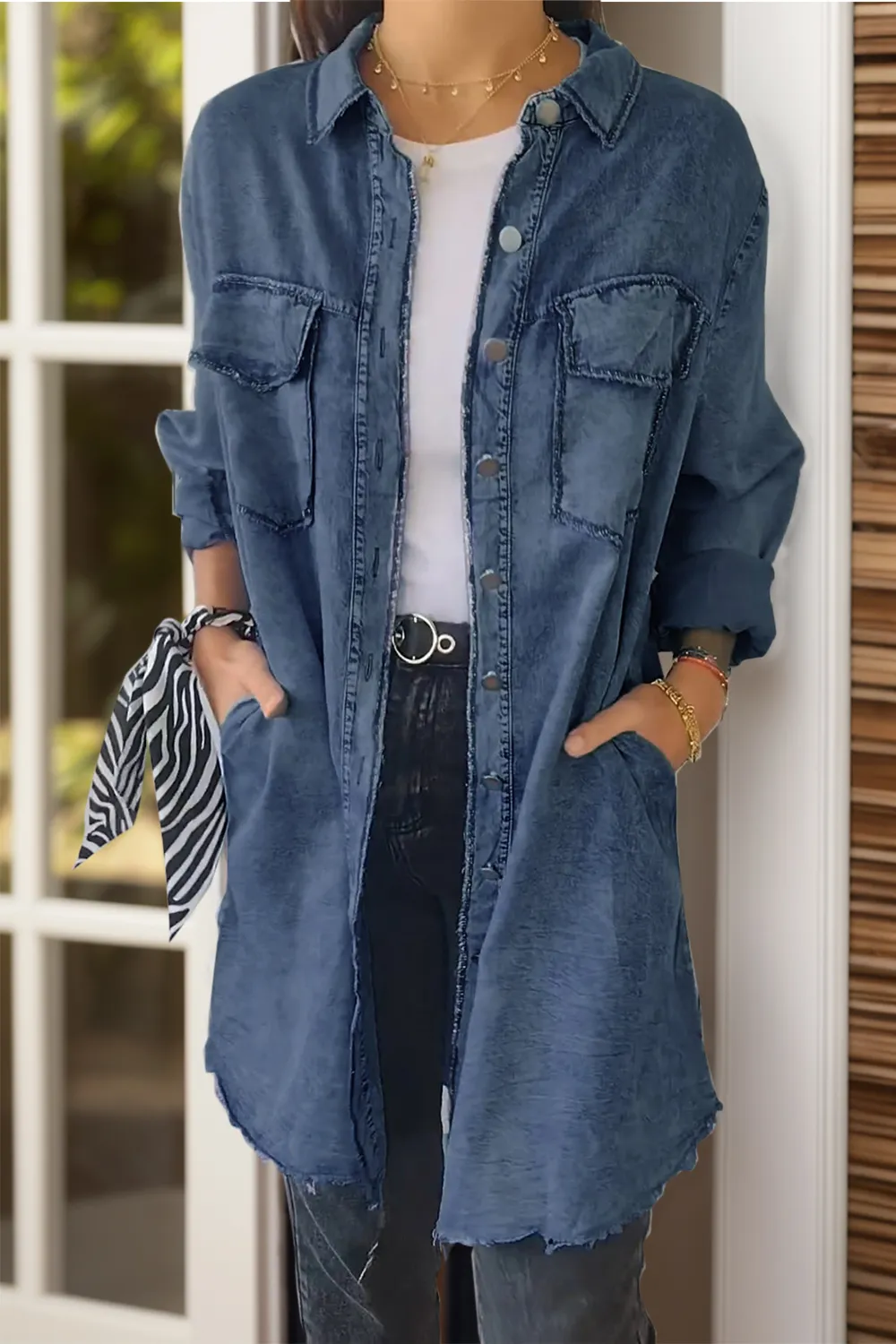 Full Size Pocketed Button Up Long Sleeve Denim Jacket, image 9
