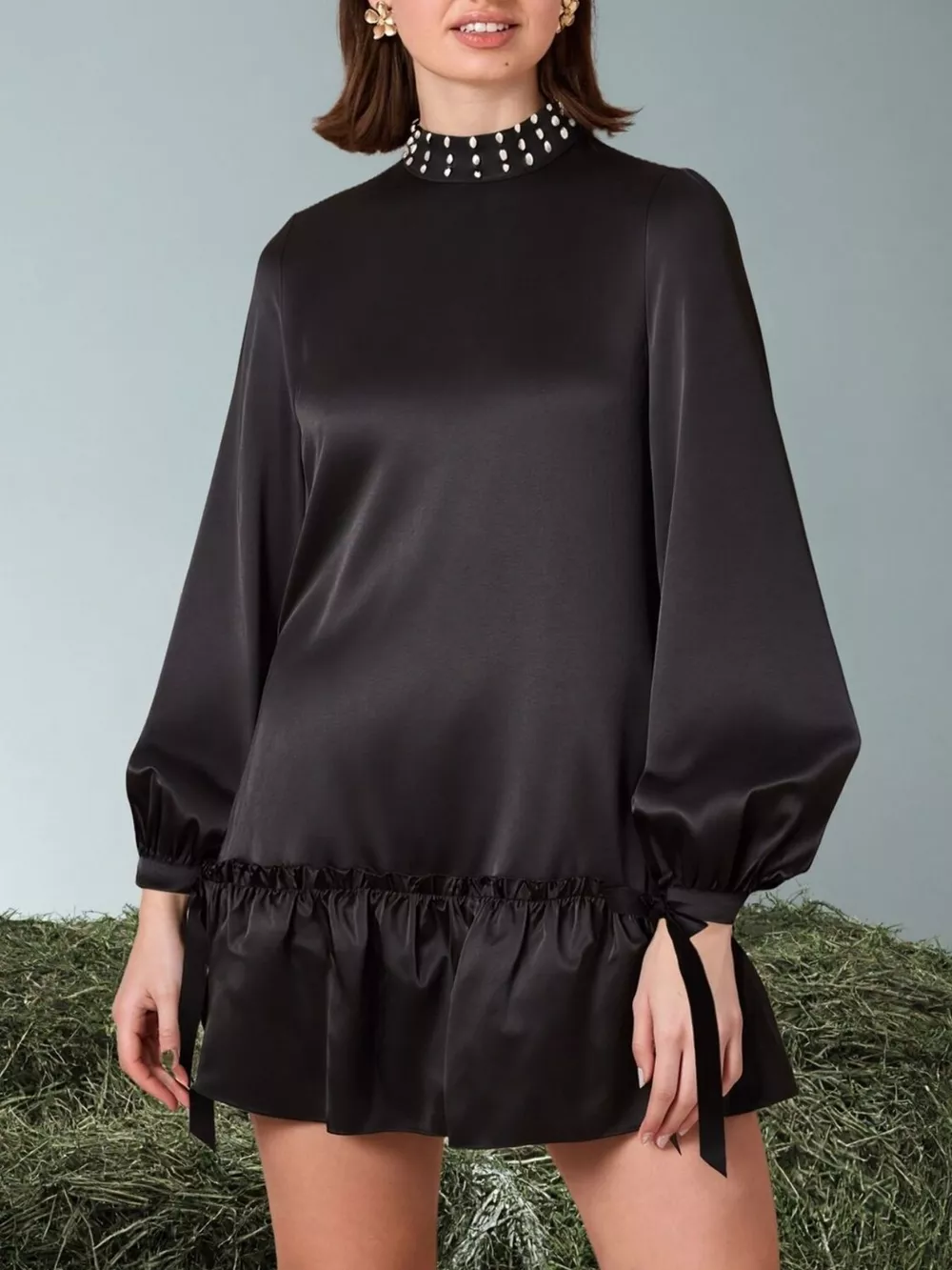 Pearl-Embellished Mock Neck Ruffle Hem Dress
