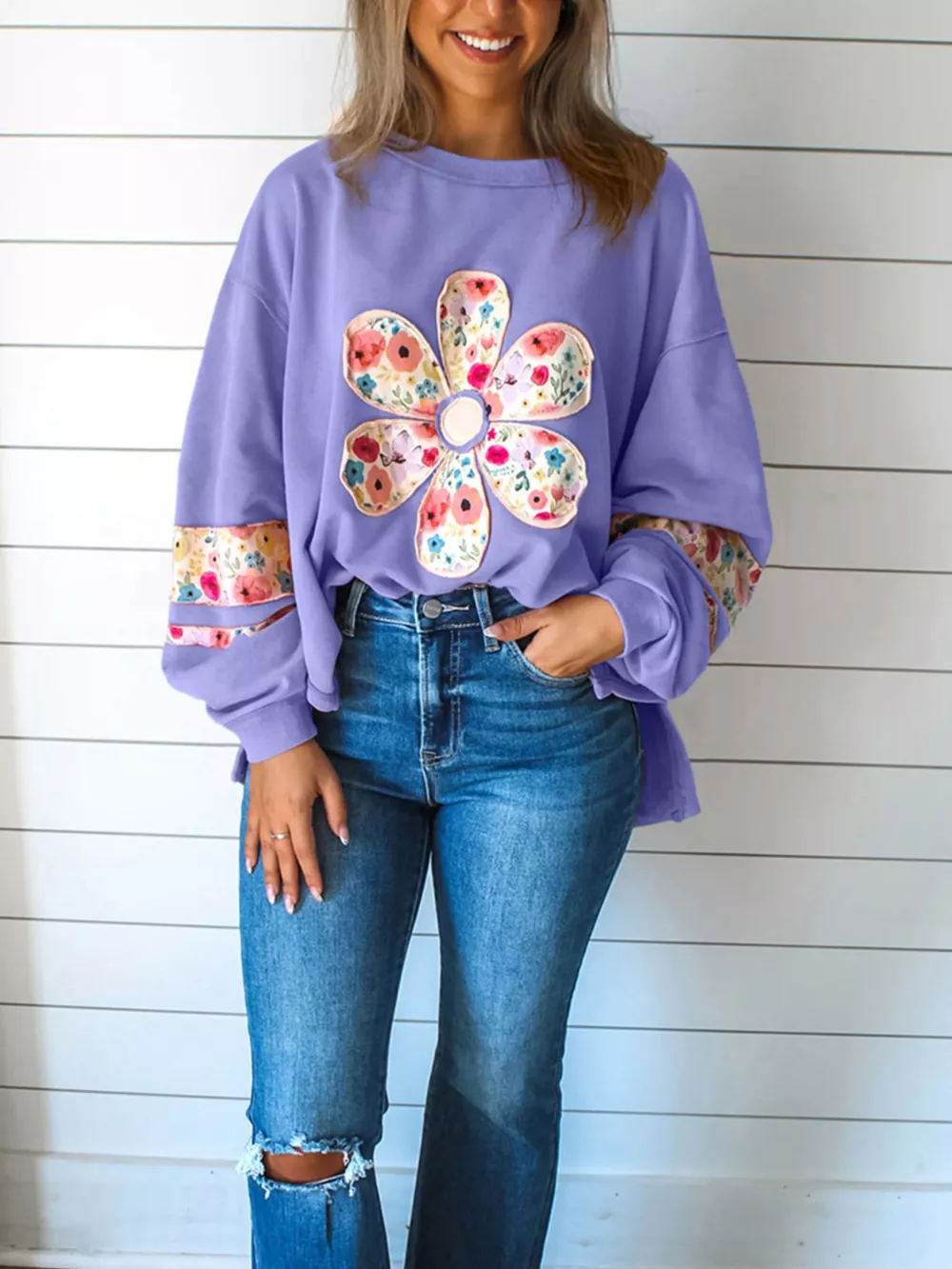Plus Size Floral Applique Drop Shoulder Sweatshirt, image 6