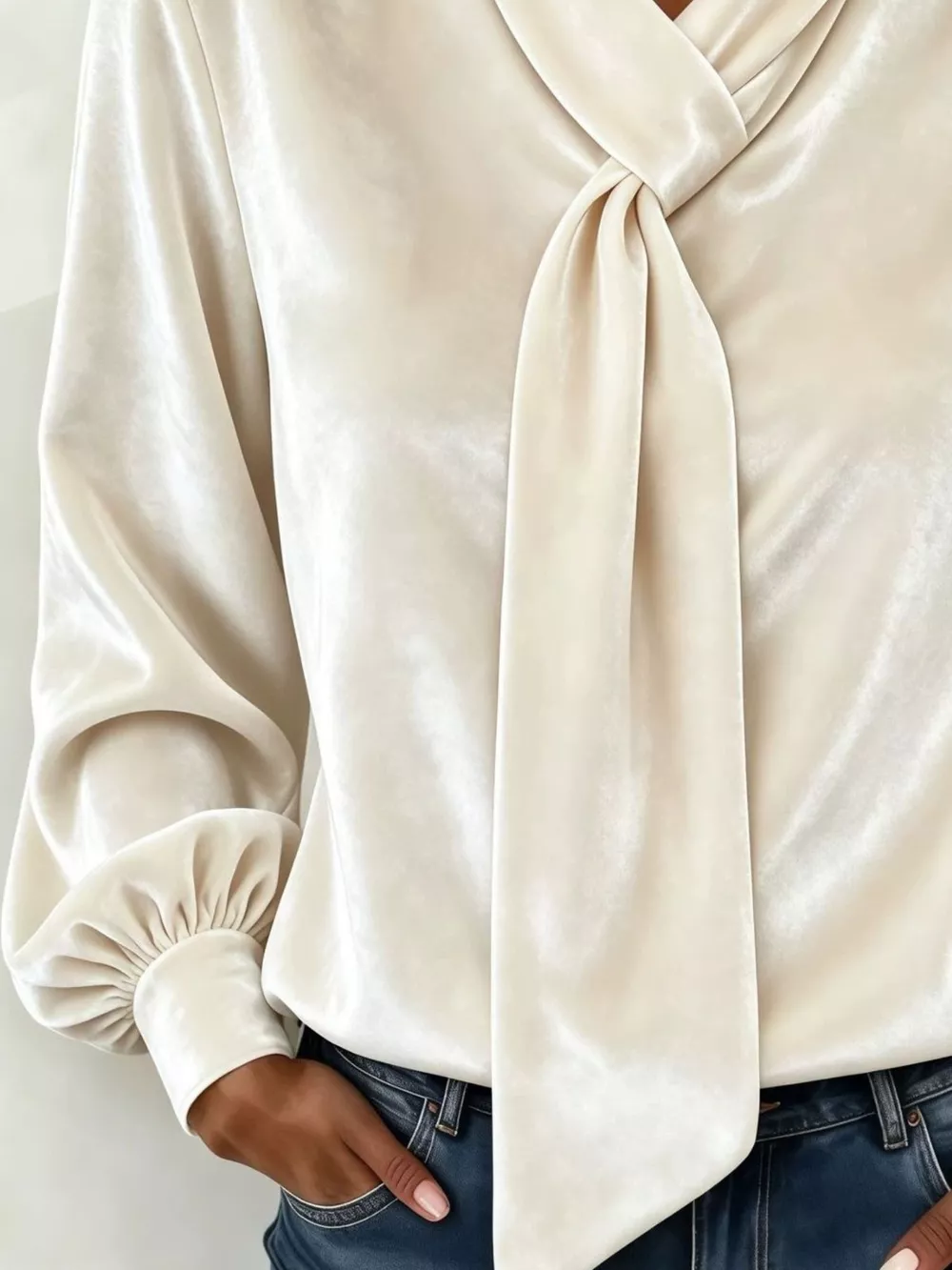 Full Size Velvet Tie-Neck Long Sleeve Blouse Plus Size, image 4