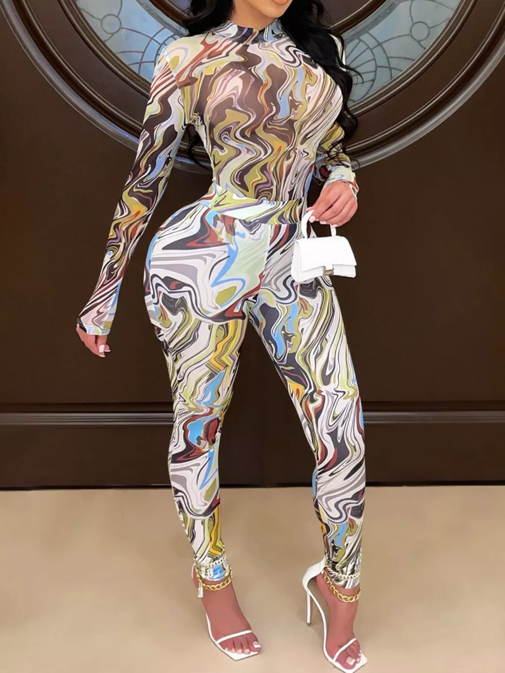 Abstract Swirl Print Top and Pants Set