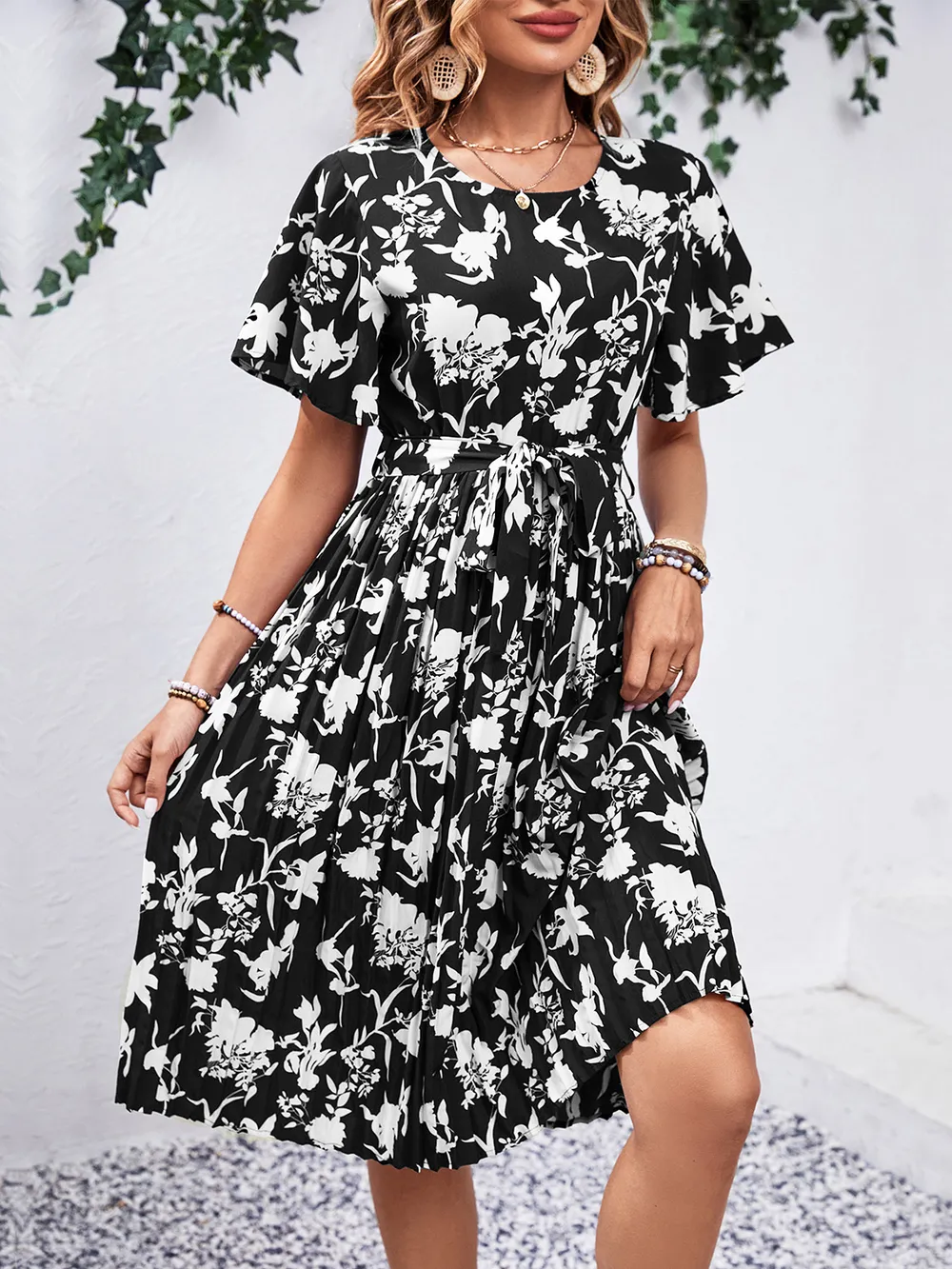 Printed Round Neck Short Sleeve Dress, image 3