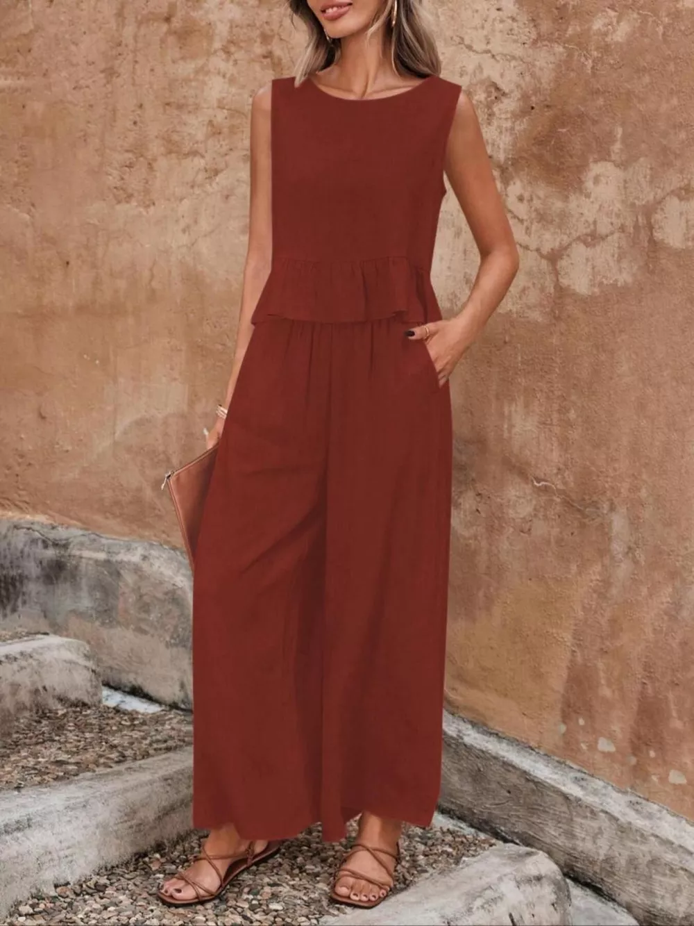 Sleeveless Ruffle Hem Top and Wide Leg Pants Two-Piece Set, image 16