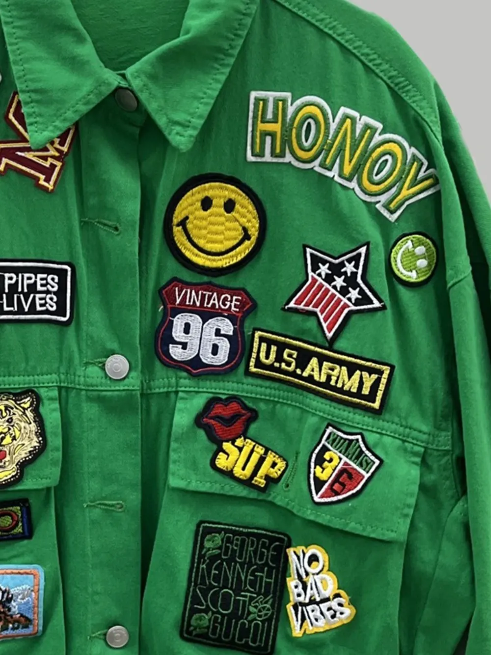 Embroidered Patch Button Up Long Sleeve Denim Jacket, image 5