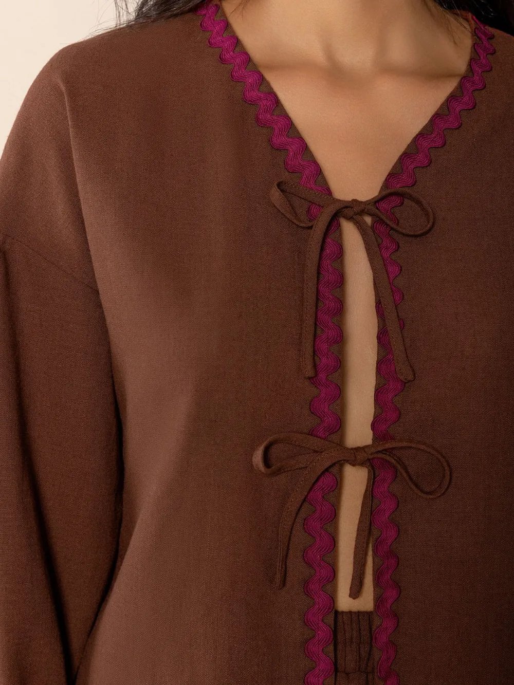 Tied V-Neck Long Sleeve Top and Shorts Set, image 6