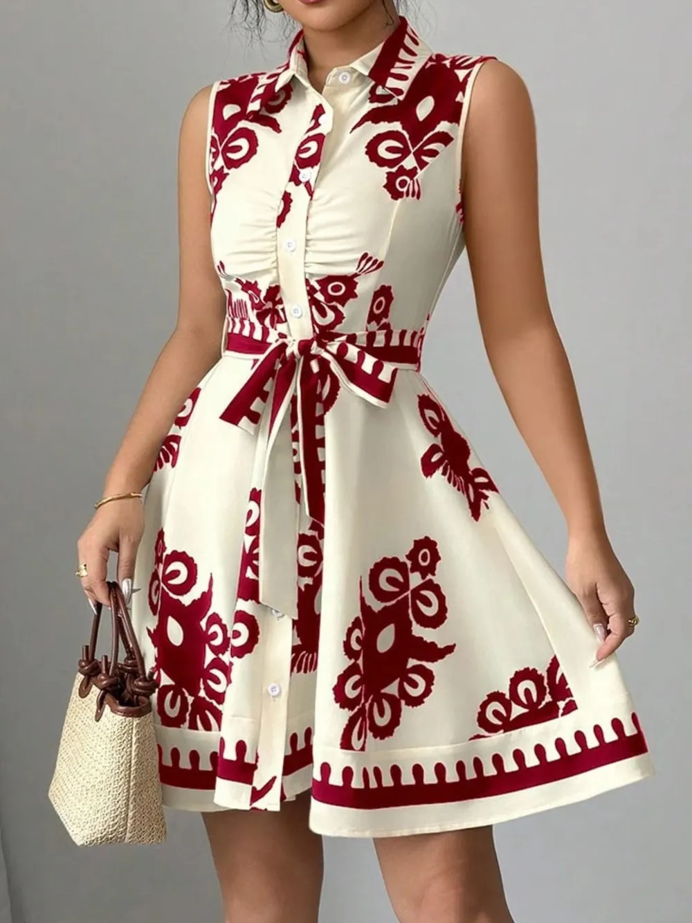 Printed Sleeveless Tie Waist Mini Dress, image 12