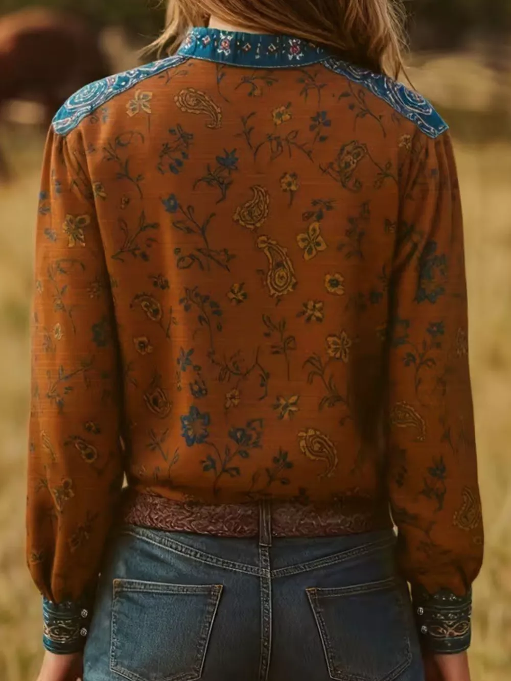Printed Notched Long Sleeve Blouse, image 3