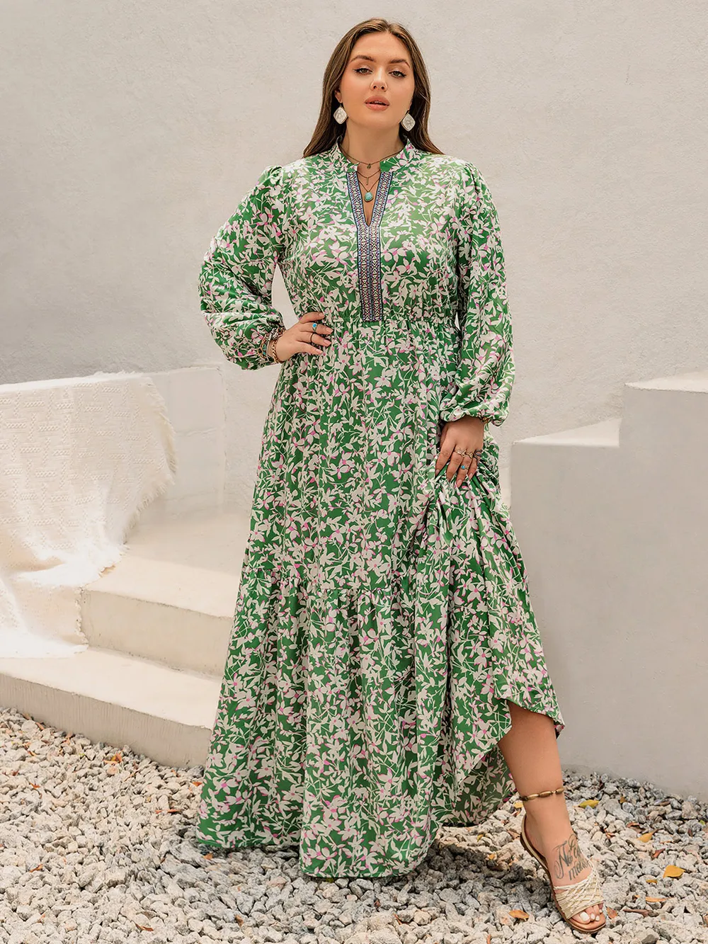 Plus Size Printed Notched Long Sleeve Maxi Dress, image 5