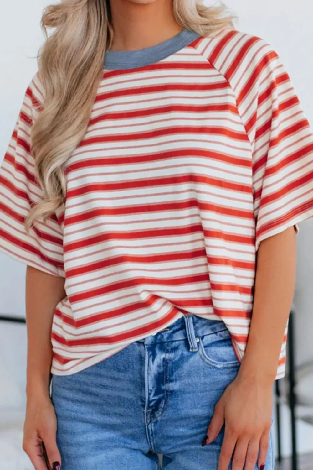 Stripe Print Contrast Collar Raglan Sleeve T Shirt, image 8