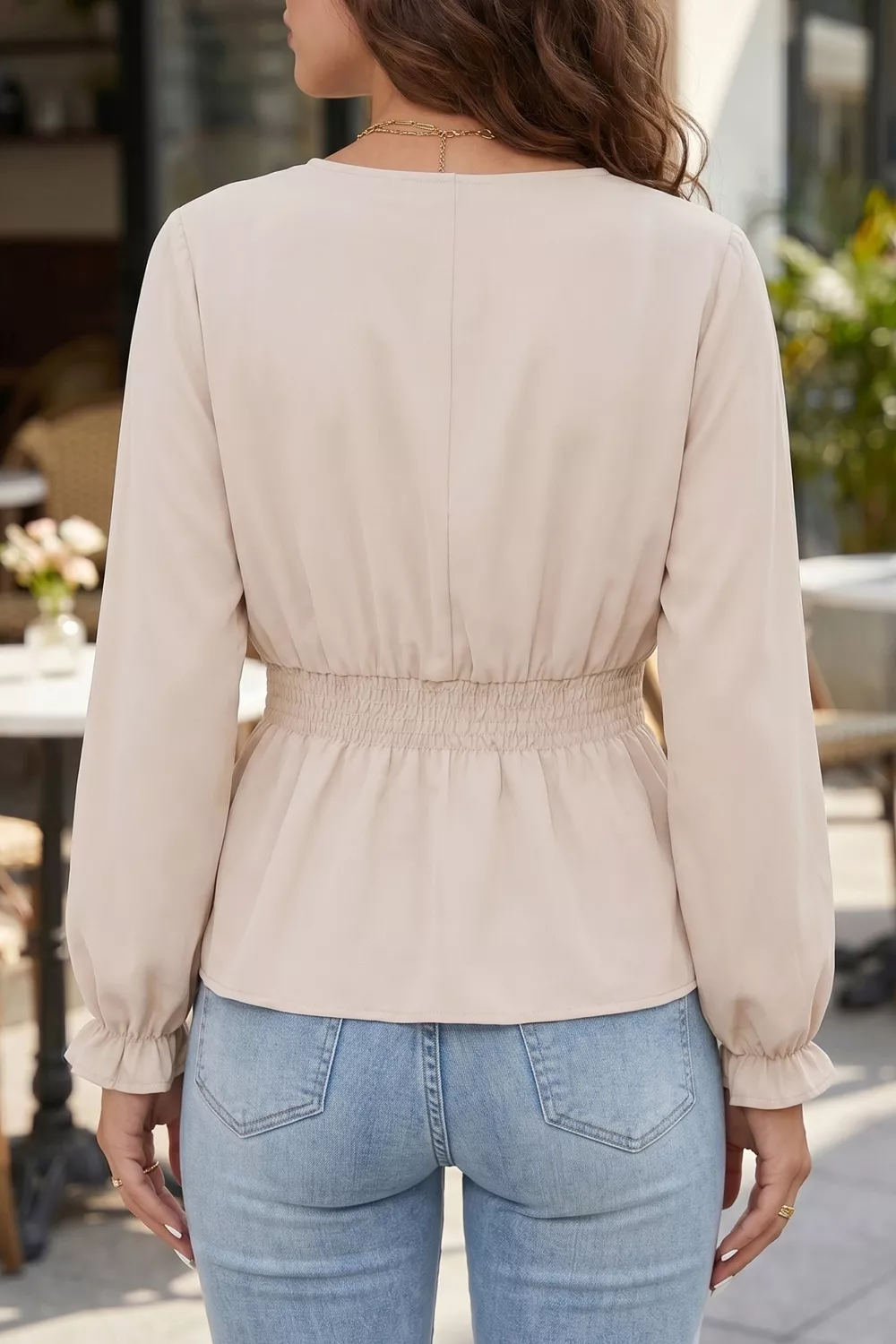V Neck Long Sleeve Smocked Waist Elegant Blouse, image 2