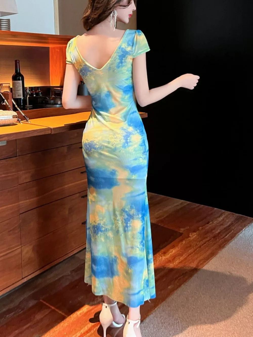 Tie-Dye Surplice Ruffle Slit Dress, image 3