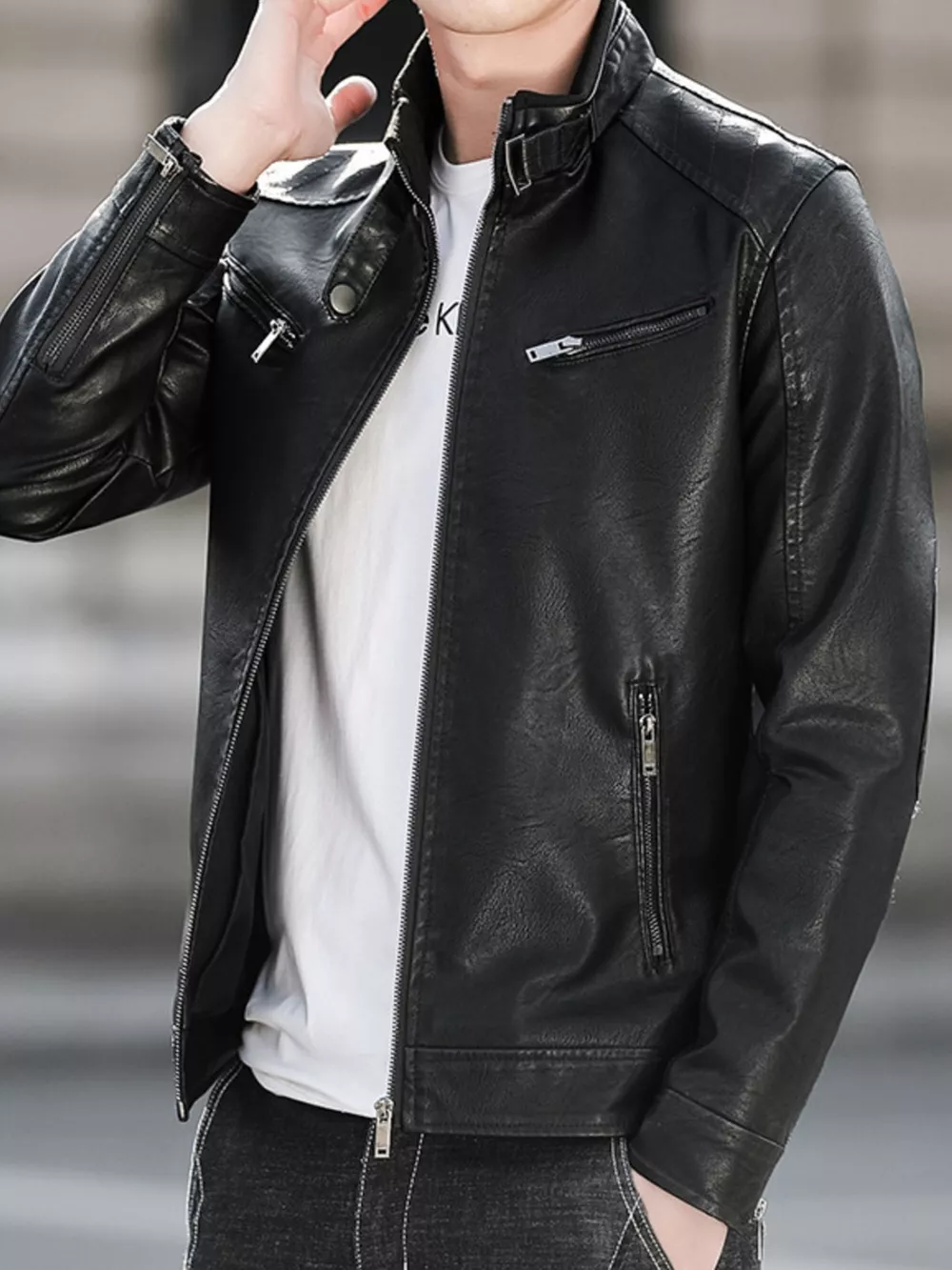 Men's Plus Size Zip Up Leather Jacket, image 4