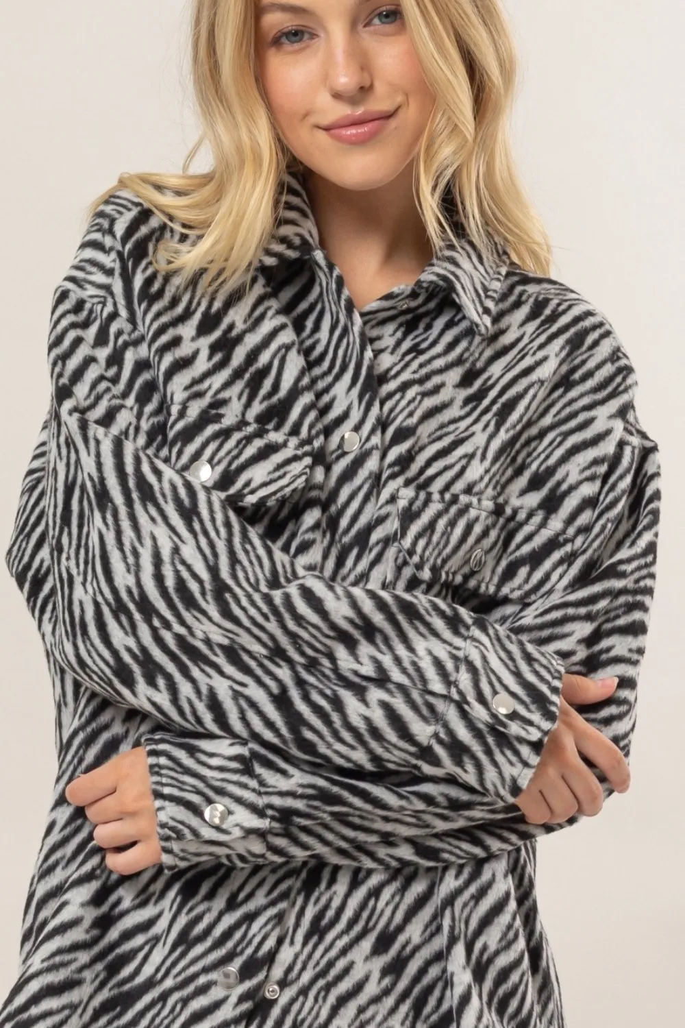 Zebra Print Snap Down Long Sleeve Shacket, image 3