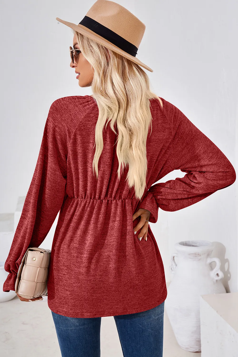 Ruched Round Neck Flounce Sleeve Blouse, image 8