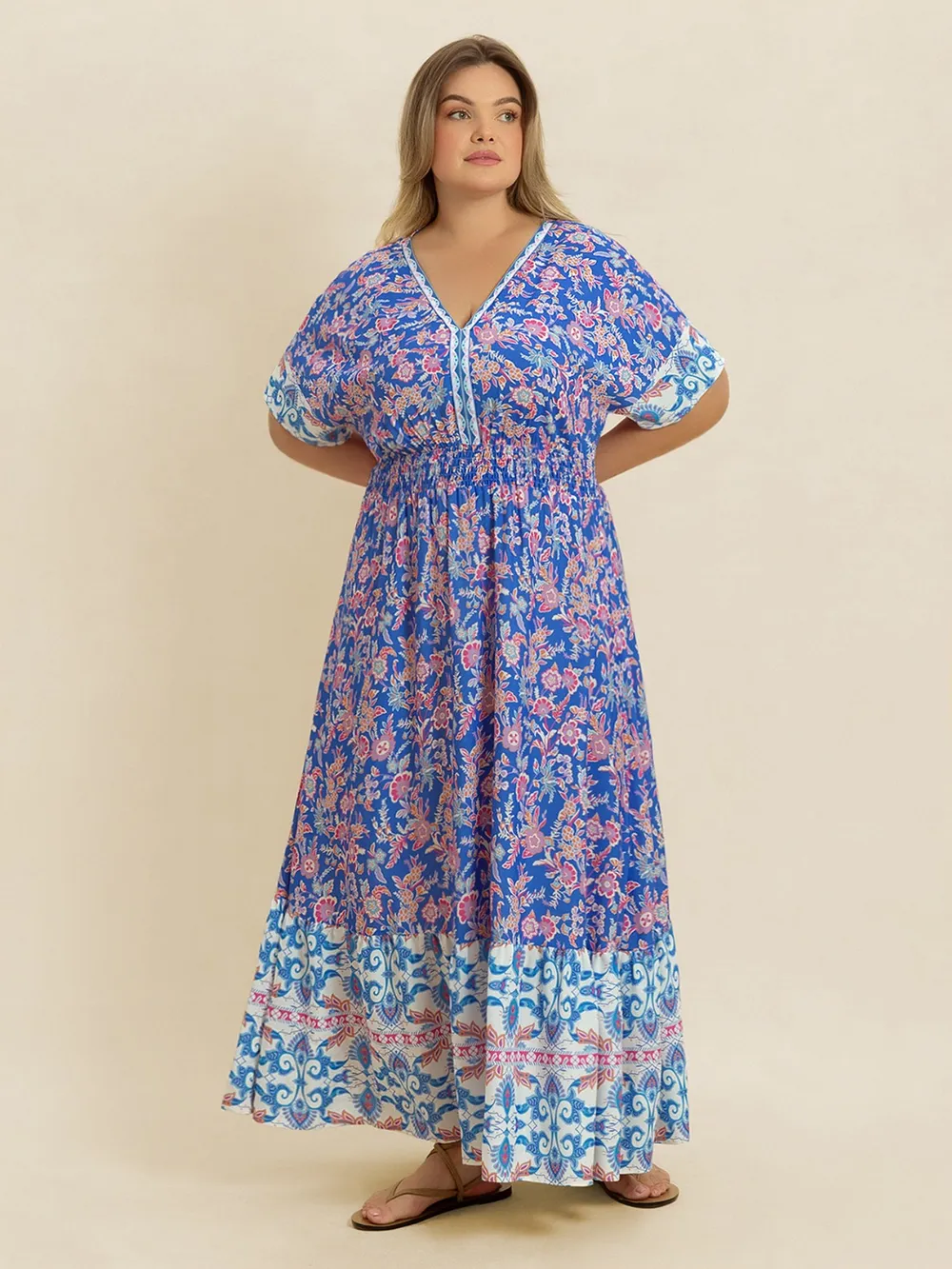 Plus Size Smocked Printed Half Sleeve Midi Dress, image 3
