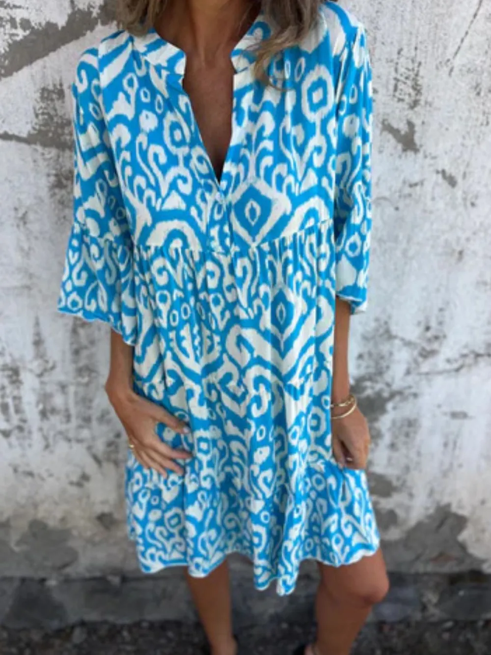 Full Size Printed Notched Half Sleeve Dress Plus Size, image 13