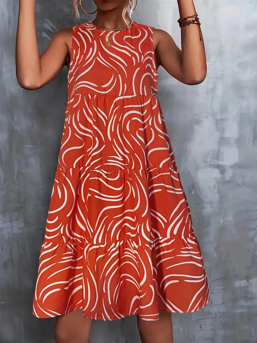 Printed Round Neck Sleeveless Dress, image 3