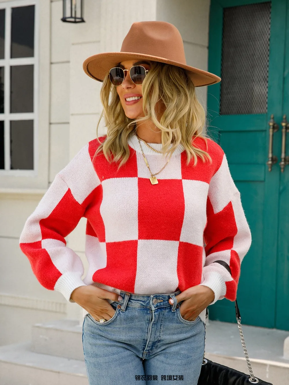 Checkered Round Neck Dropped Shoulder Sweater, image 4