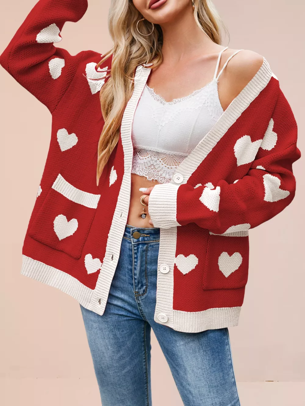 Heart Pattern Button-Up Knit Cardigan, image 10