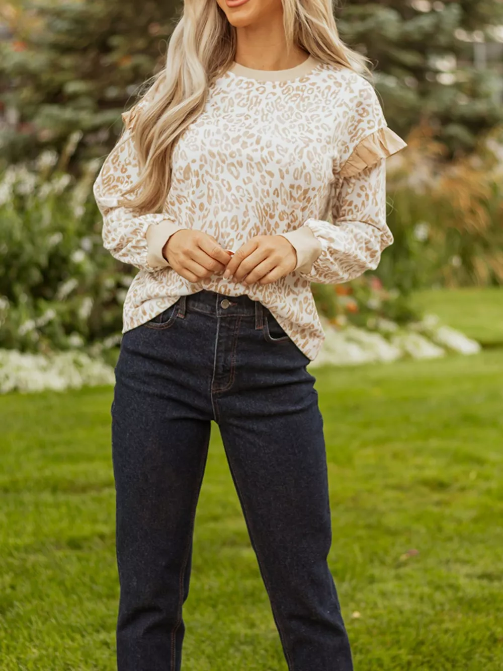 Leopard Ruffle Detail Ribbed Trim Round Neck Sweatshirt, image 5