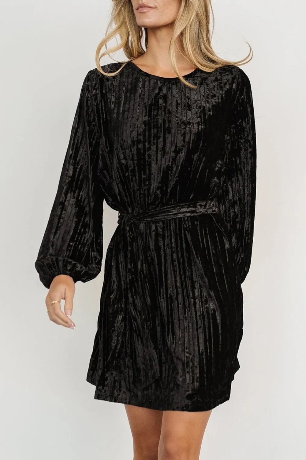 Velvet Round Neck Tie Waist Long Sleeve Mini Dress, image 14