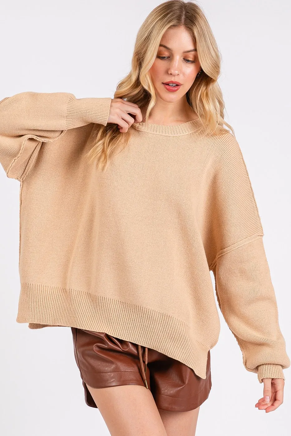 Side Slit Round Neck Drop Shoulder Sweater, image 3