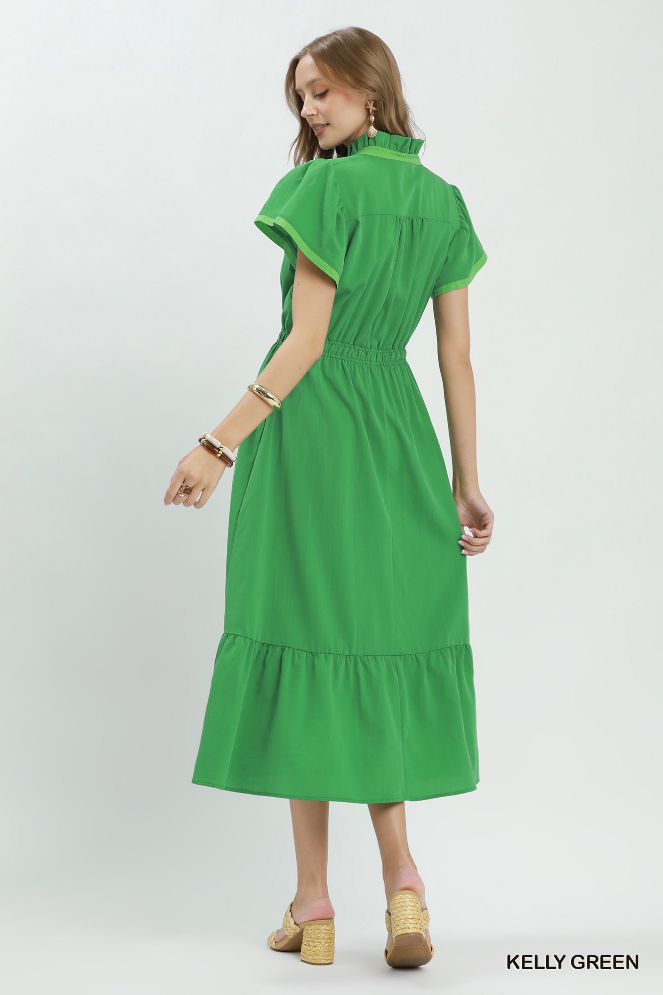 Contrast Trim Midi Dress with Tiered Ruffle Hem, image 3