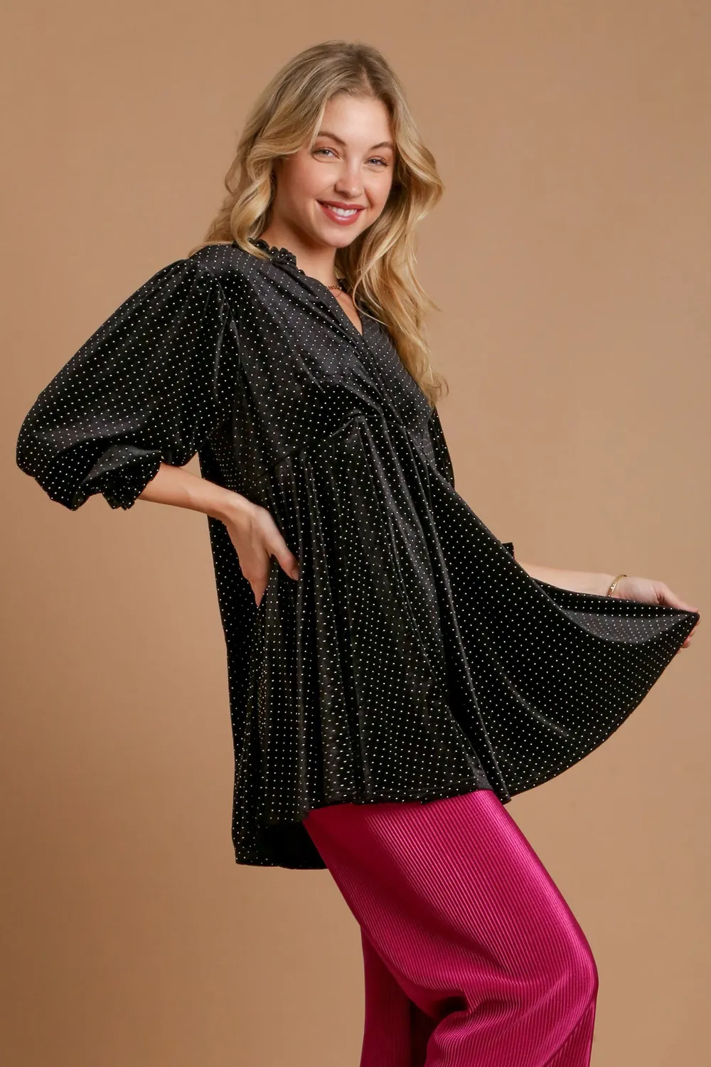 Full Size Beaded Frill Flounce Sleeve Velvet Babydoll Blouse, image 2