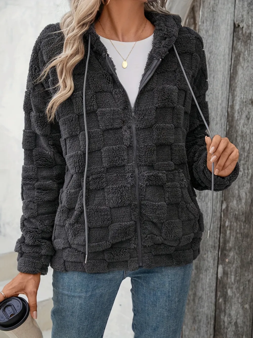 Checkered Texture Zip Up Drawstring Fuzzy Jacket, image 2