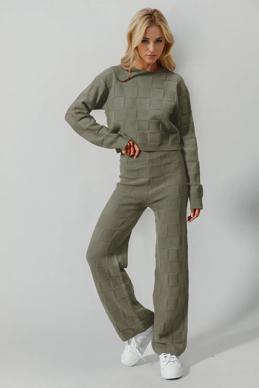 Full Size Checkered Round Neck Top and Pants Set, image 3