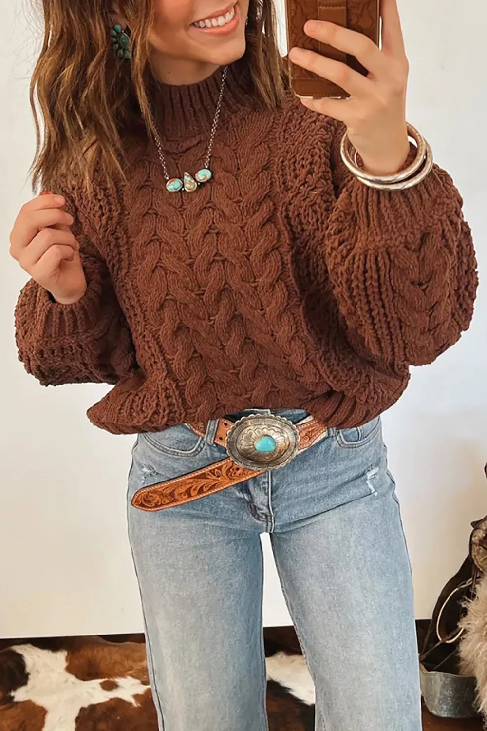 Mock Neck Cable Knit Sweater, image 2