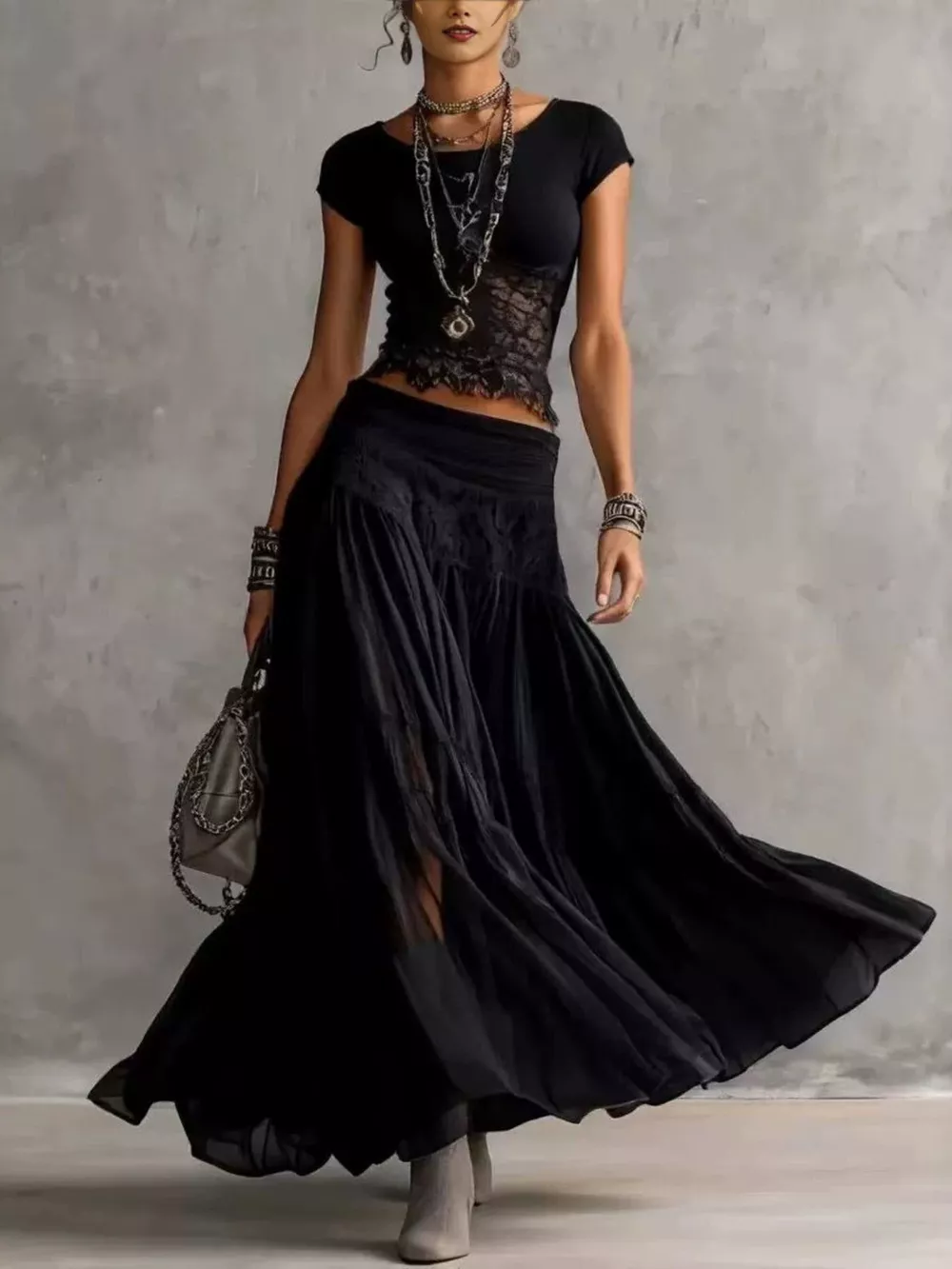 Lace Slim Fit Top and Maxi Skirt Set