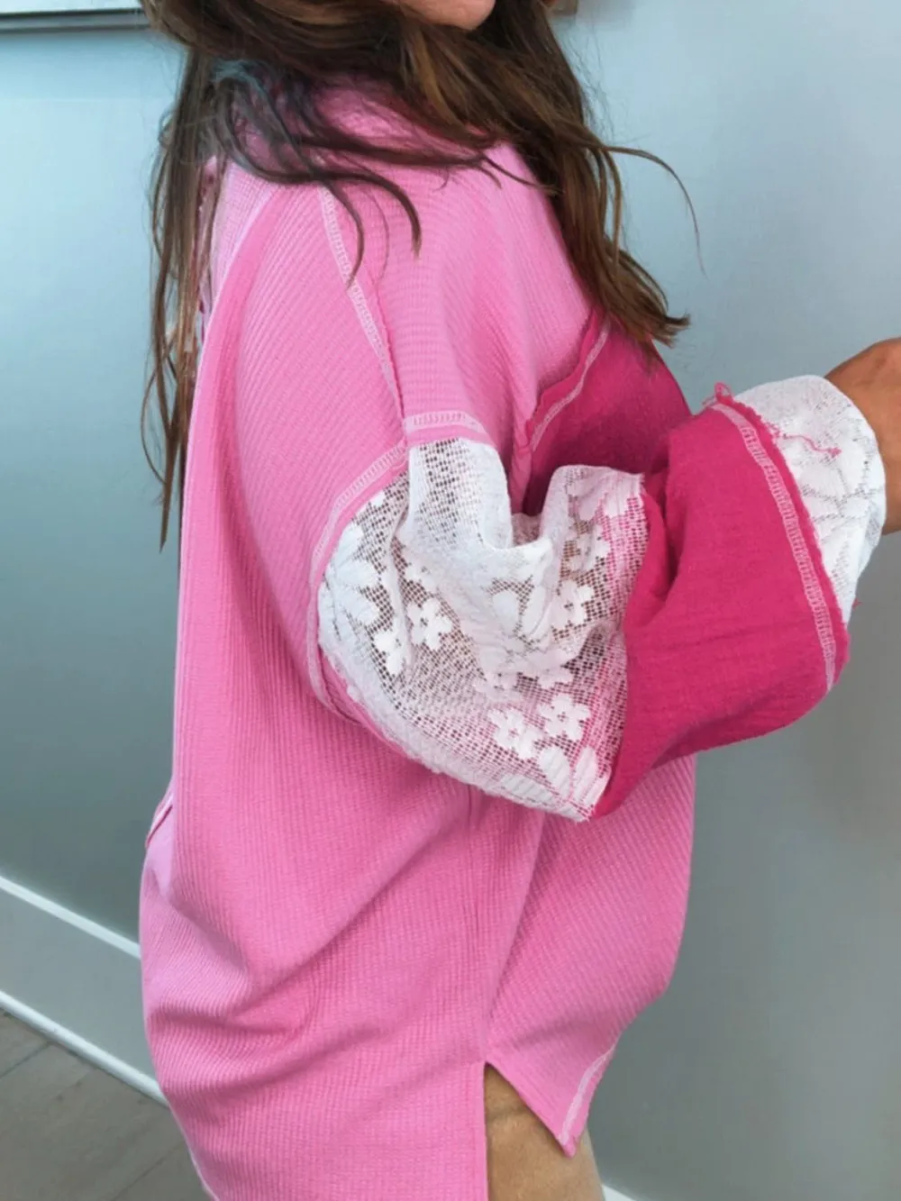 Lace Patchwork Sleeve Stitching V Neck Top, image 7