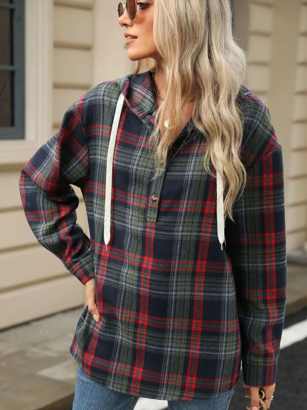 Drawstring Plaid Hooded Long Sleeve Top, image 9