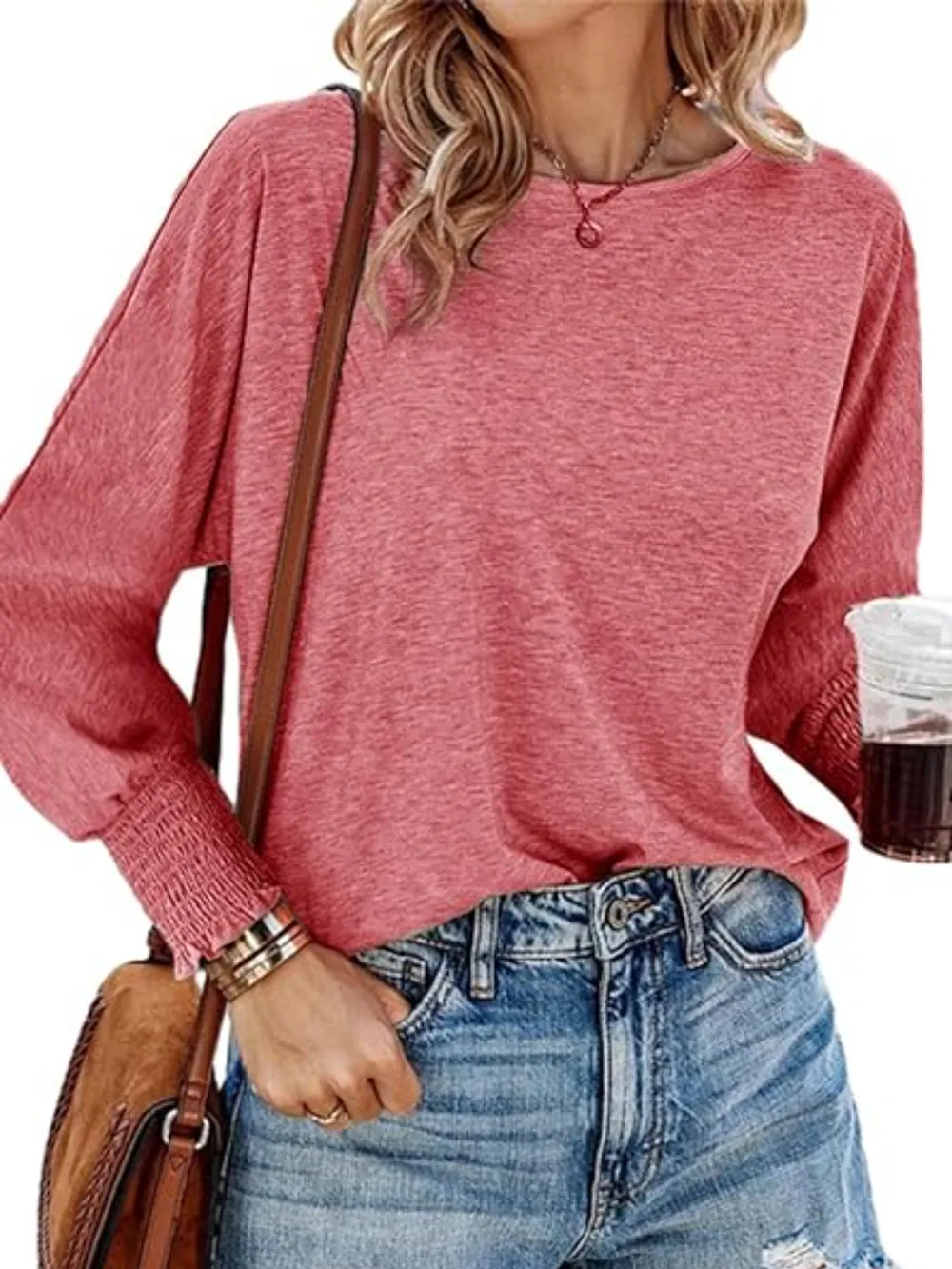 Round Neck Smocked Lantern Sleeve T-Shirt, image 7
