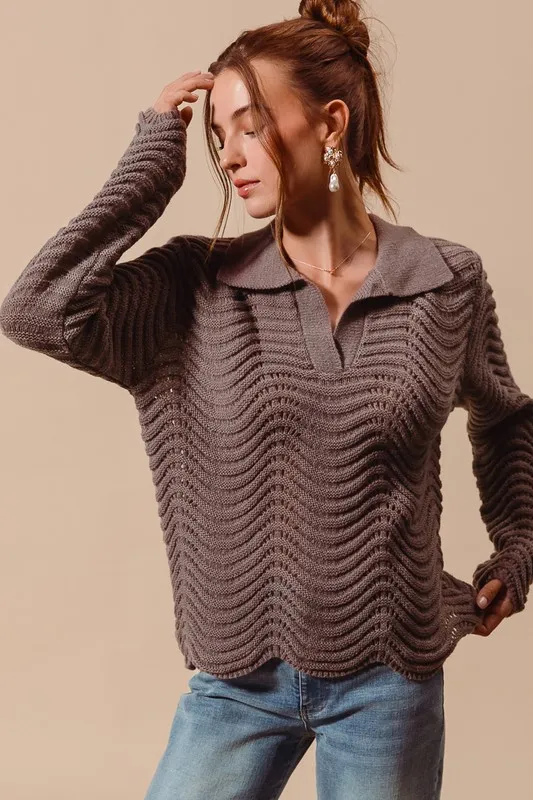 Notched Collar Wavy Texture Sweater Top, image 2