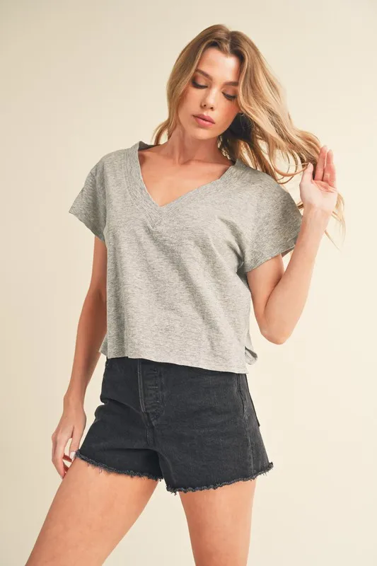 Side Slit V-Neck Short Sleeve Cropped T-Shirt, image 2