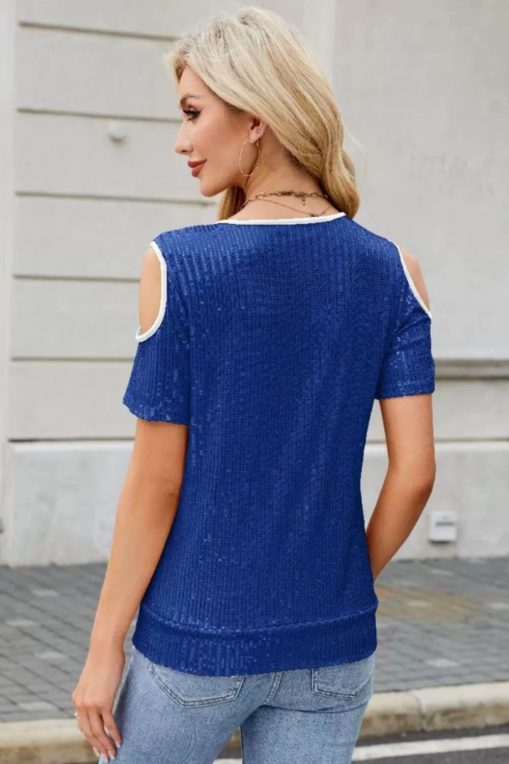 Sequin Cold Shoulder Short Sleeve Blouse, image 5