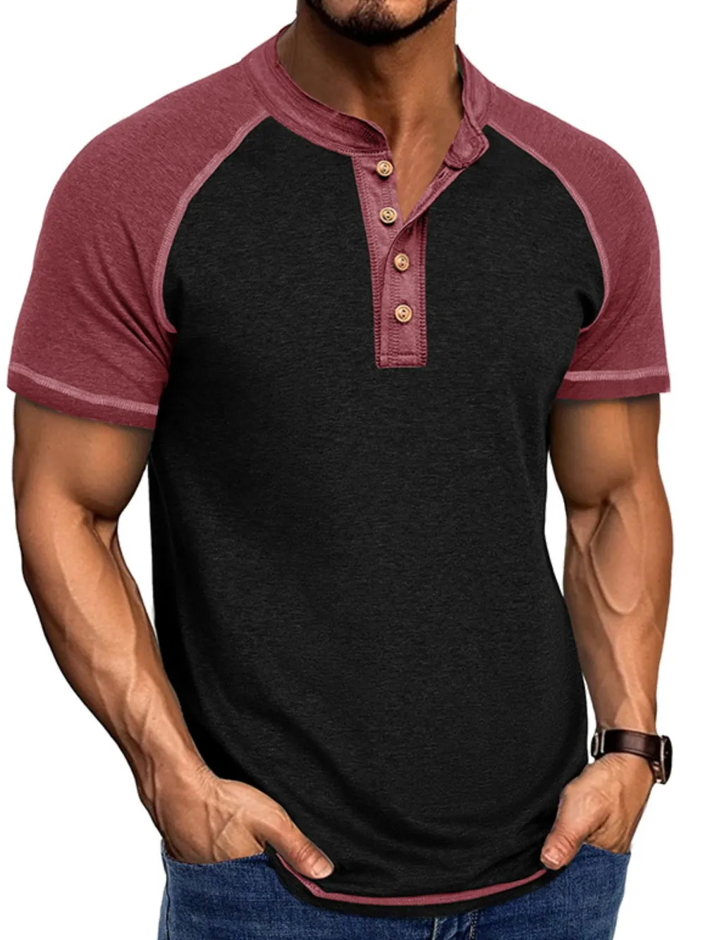 Men's Raglan Henley Color Block T-Shirt, image 7