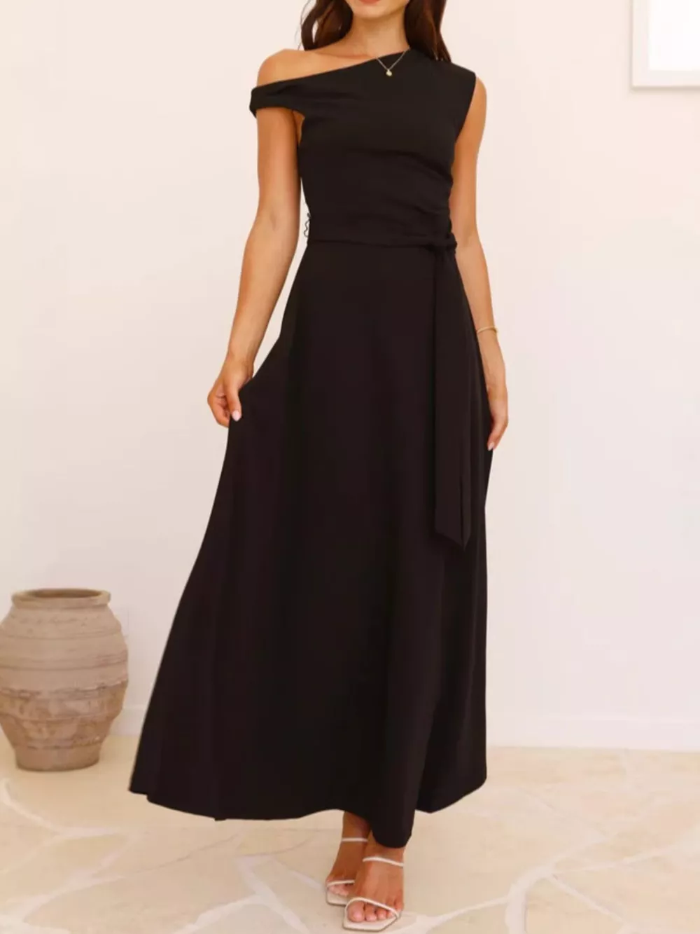 Single Shoulder Tie Waist Maxi Dress, image 11