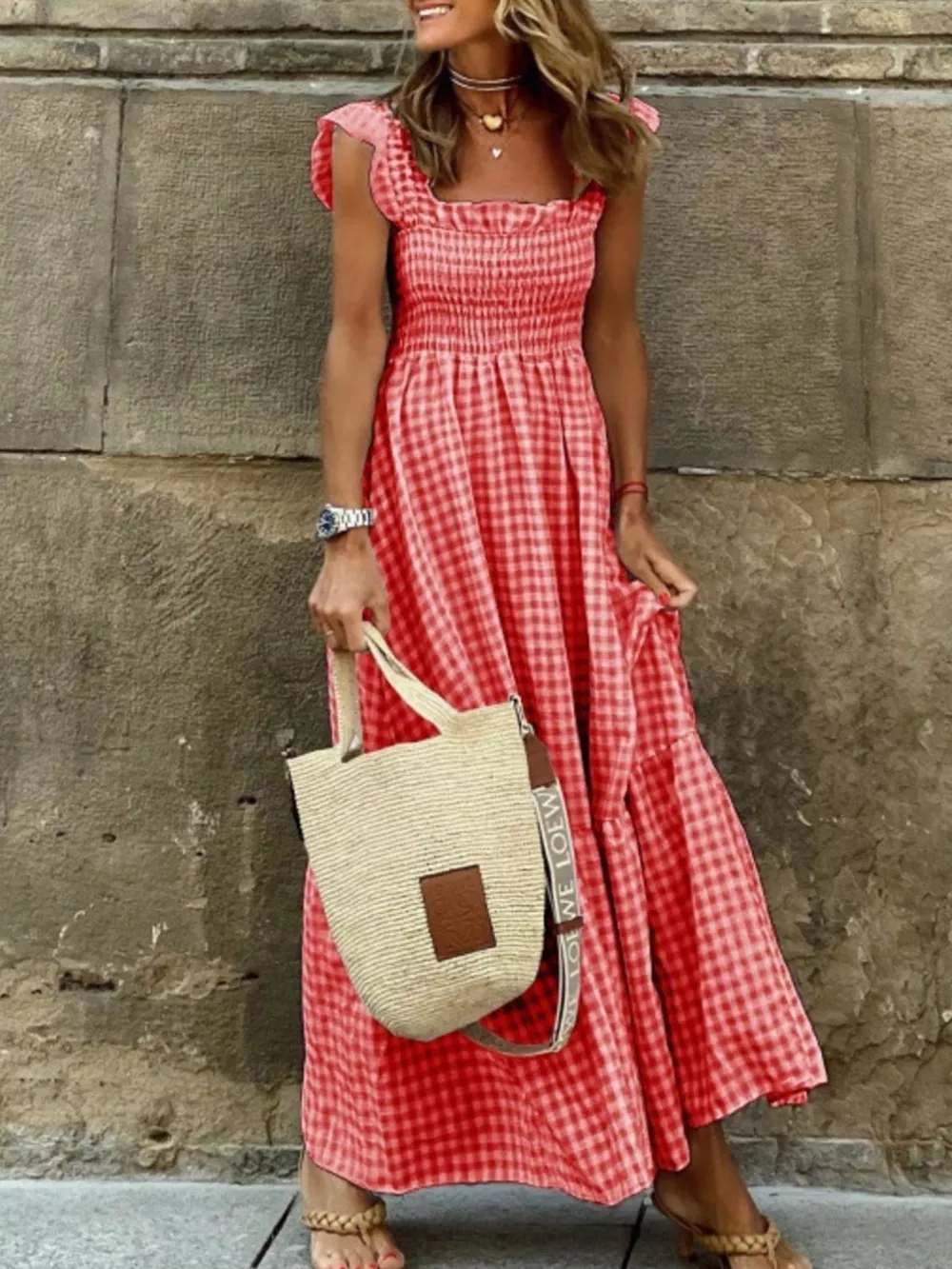 Full Size Gingham Smocked Ruffle Maxi Dress Plus Size, image 4