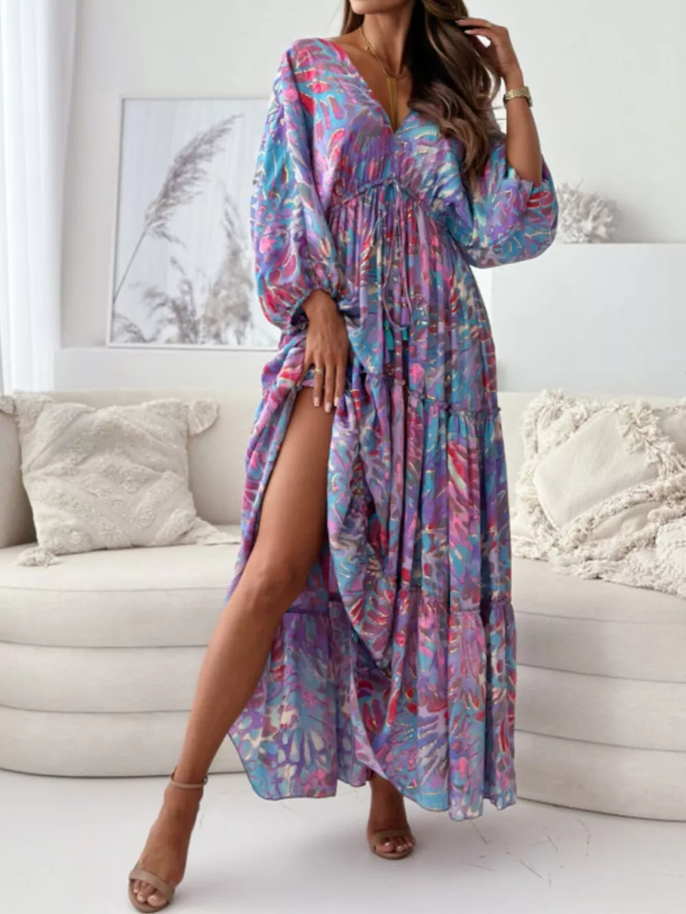 Printed V-Neck Balloon Sleeve Slit Maxi Dress, image 8