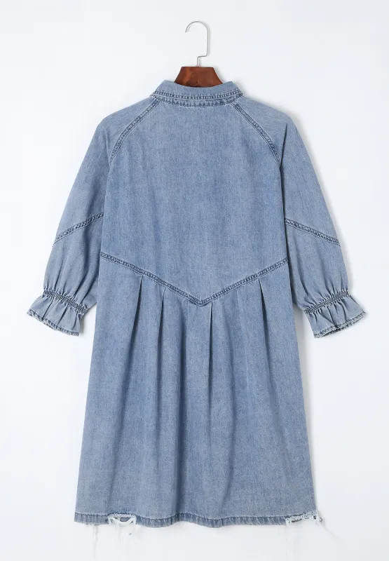 Distressed Collared Neck Flounce Sleeve Denim Dress, image 9