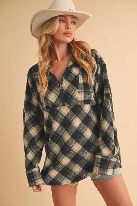 Slit Plaid Half Zip Drop Shoulder Top