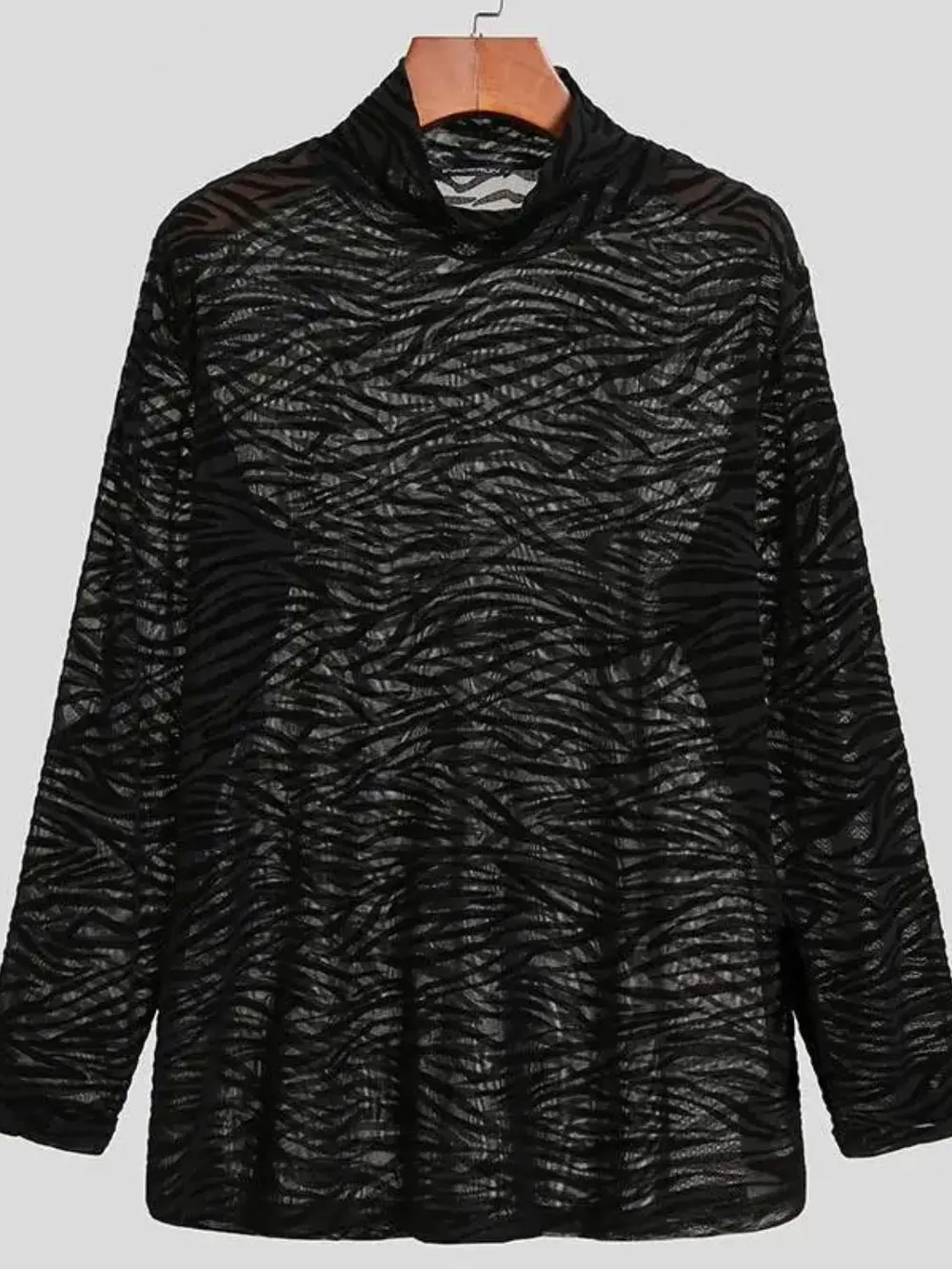 Men's Zebra Print Mock Neck Long Sleeve Mesh Top, image 2
