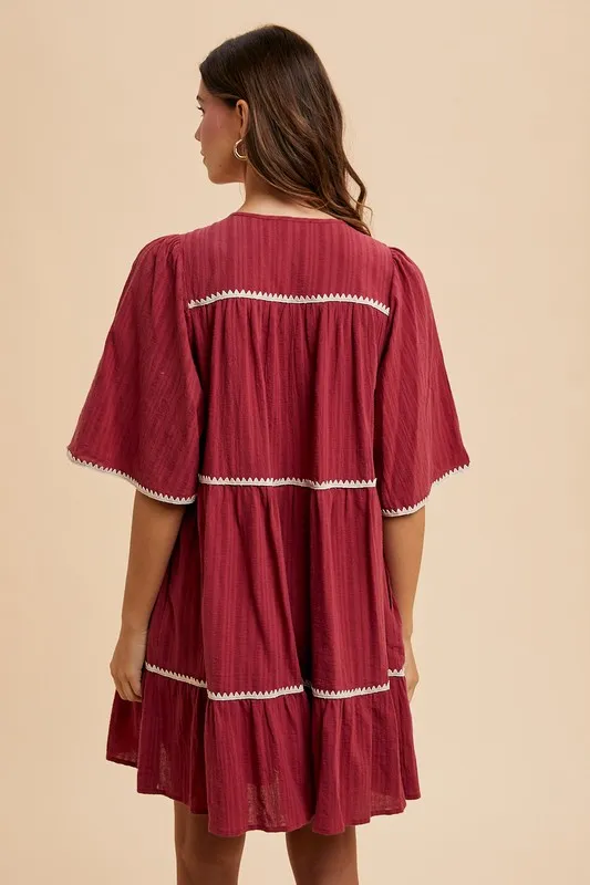 Tassel Contrast Trim Tie Neck Half Sleeve Tiered Dress, image 3