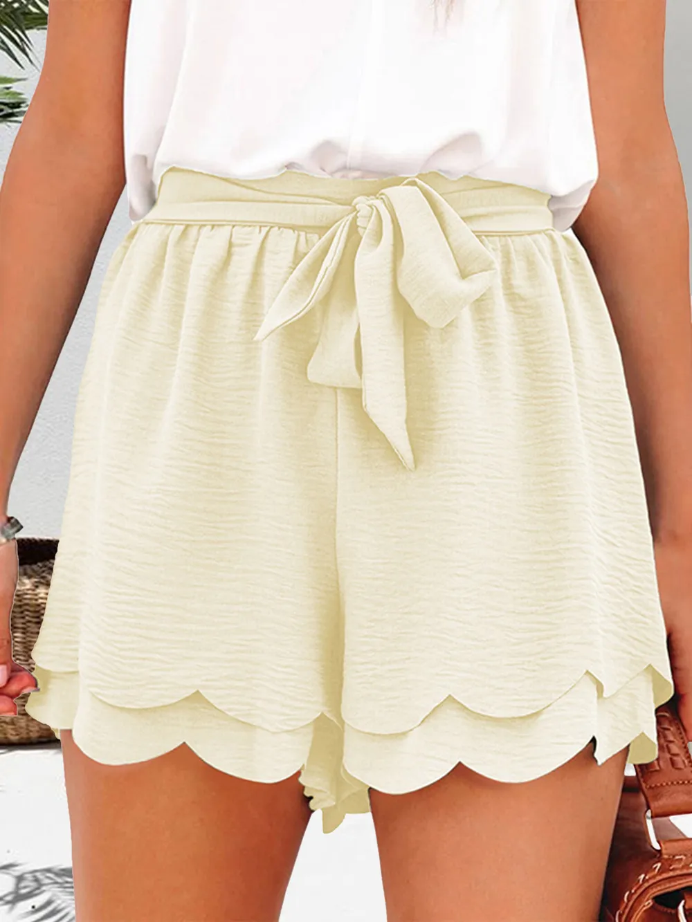 Tied Layered Scalloped Hem Shorts, image 4